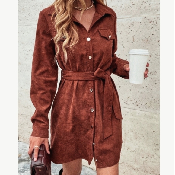 *NEW Corduroy Shirt Dress Shacket Belted Button Up Spice Brown - Picture 7 of 10